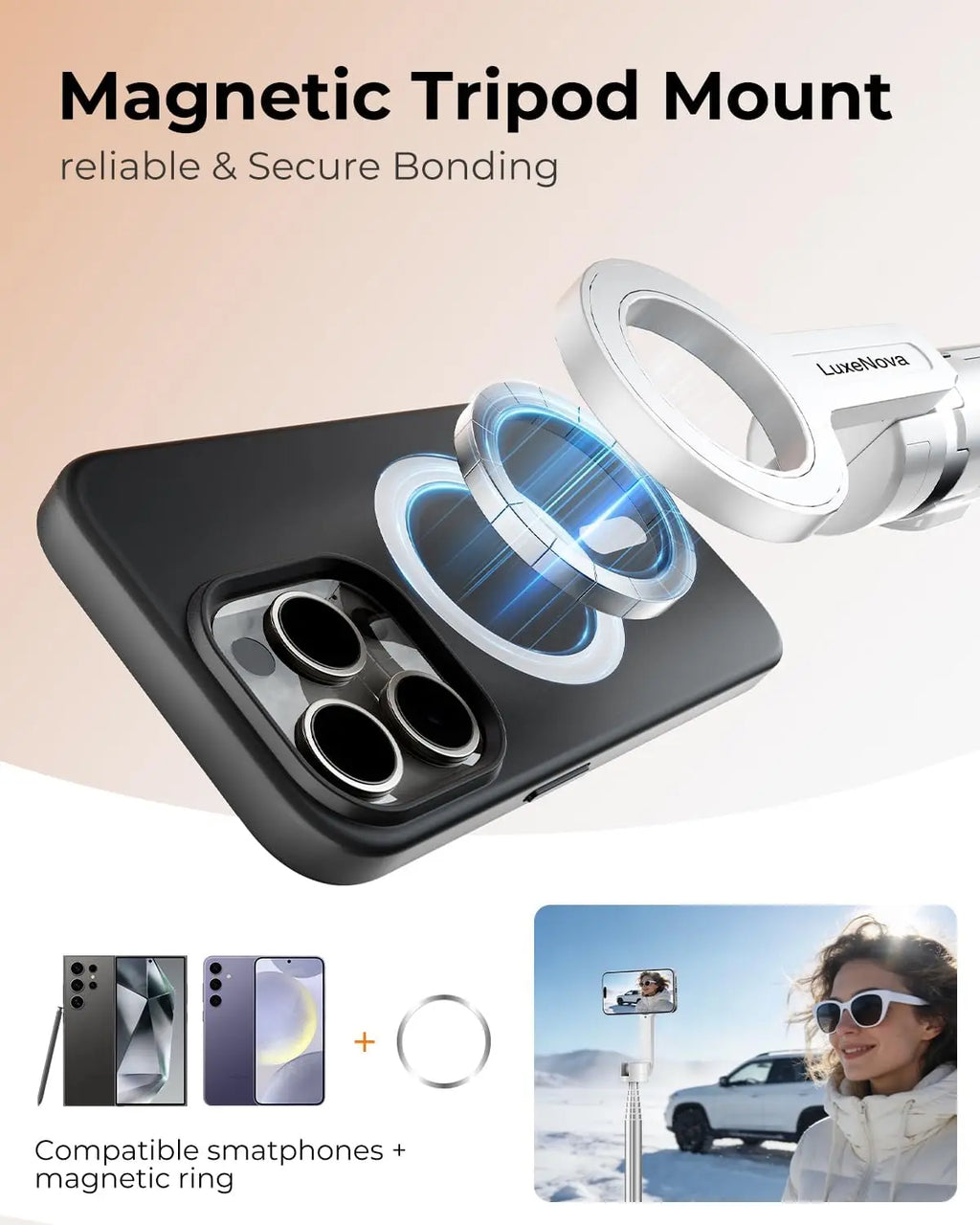 72'' Magnetic Selfie Stick Tripod for Iphone Magsafe – One-Click Open Stable Stand, Strong Magnetic Mount, 360° Rotation, Extendable Aluminum Tripod with Bluetooth Remote for Travel & Video Recording