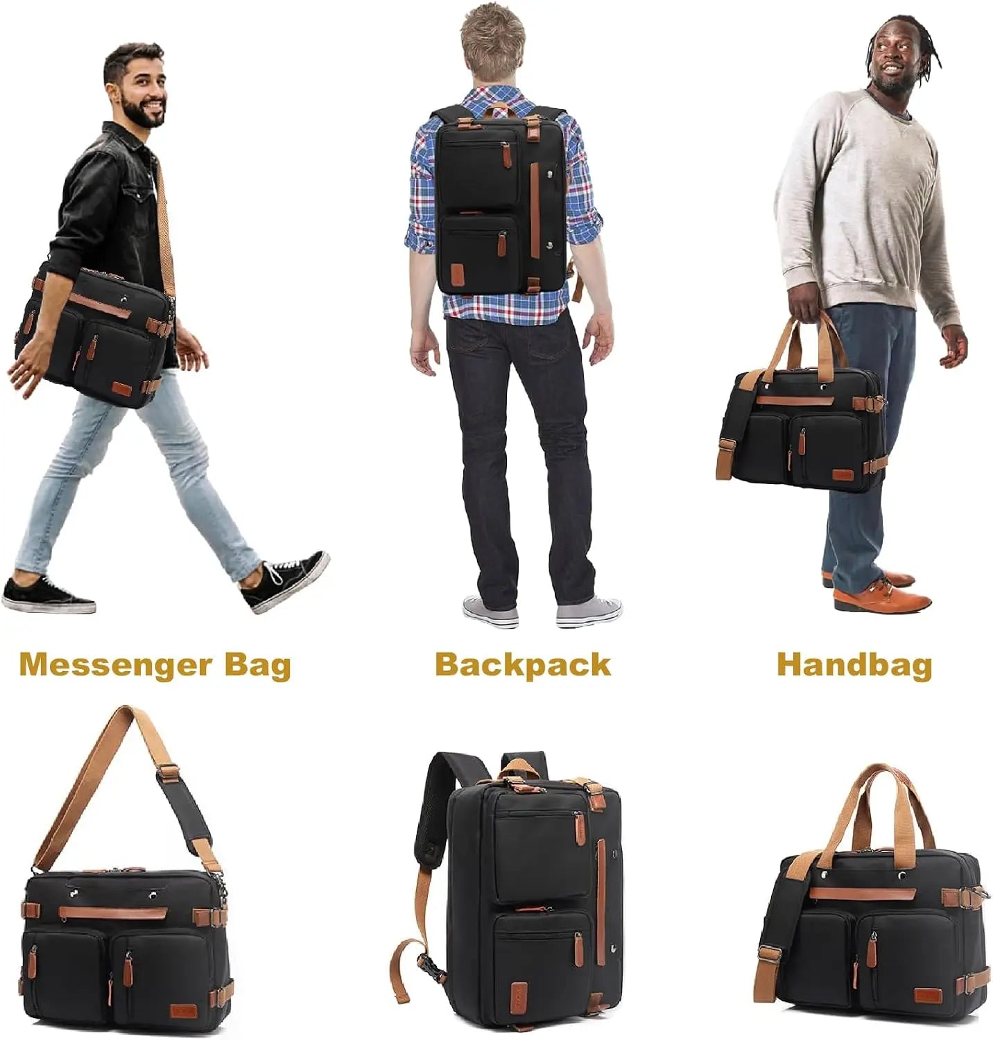 3 in 1 Laptop Bag for Men, 17.3 Inch Work Bags for Men, Laptop Backpack, Briefcases, Messenger Bag, Computer Bags for Laptops for Men Women, Black