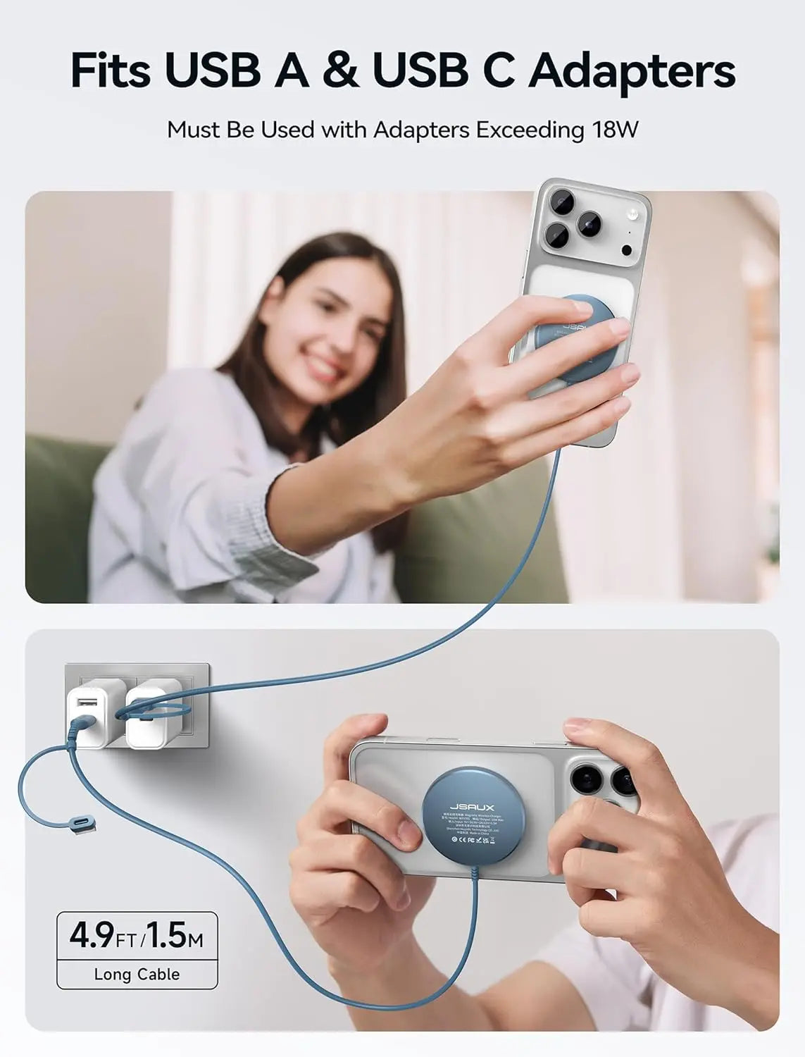 Charger for Iphone 17 Magsafe Wireless Charging, Compatible with Iphone 17 Air Pro Max/16/15/14/13/12 Series, Magnetic Mag Safe Charging Pad, Aluminum Alloy, USB & USB C Dual Ports - Blue