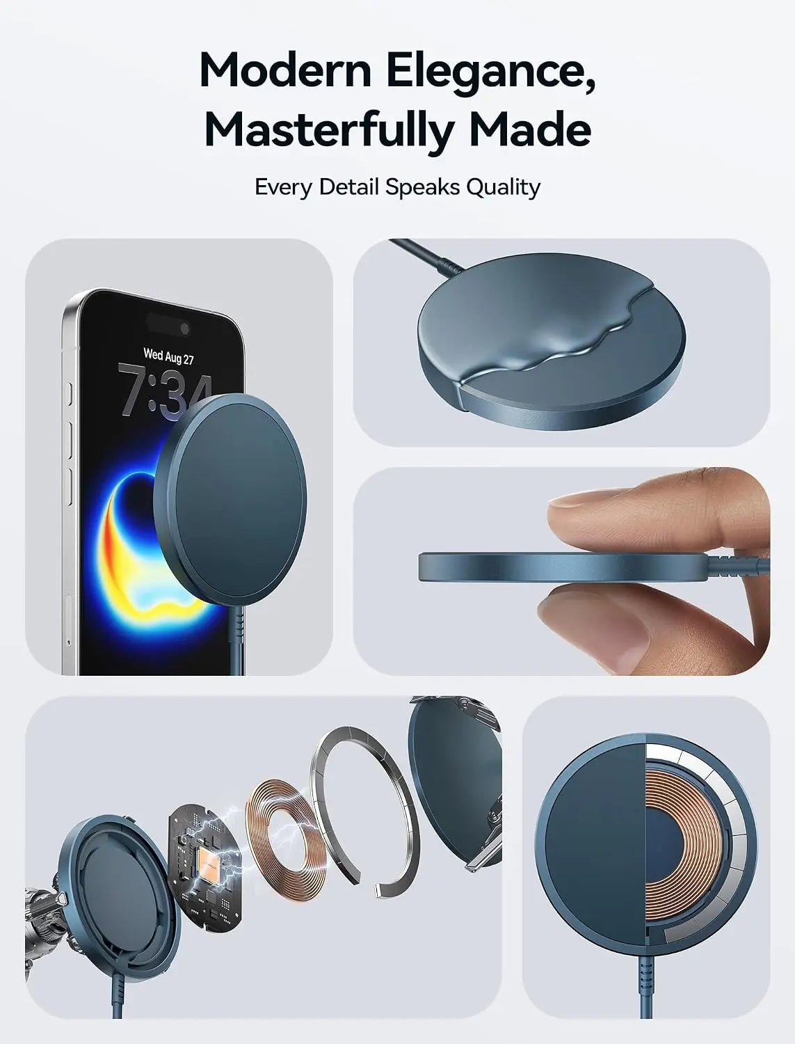Charger for Iphone 17 Magsafe Wireless Charging, Compatible with Iphone 17 Air Pro Max/16/15/14/13/12 Series, Magnetic Mag Safe Charging Pad, Aluminum Alloy, USB & USB C Dual Ports - Blue
